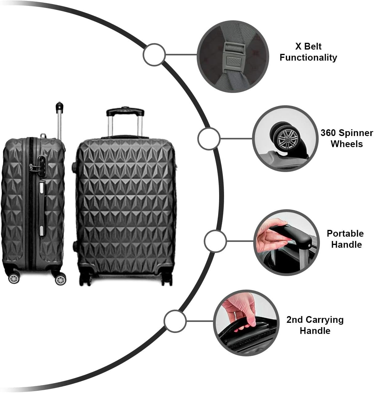 Black Medium Check In Suitcase 24 Inch ABS Hard Shell Spinner Wheels