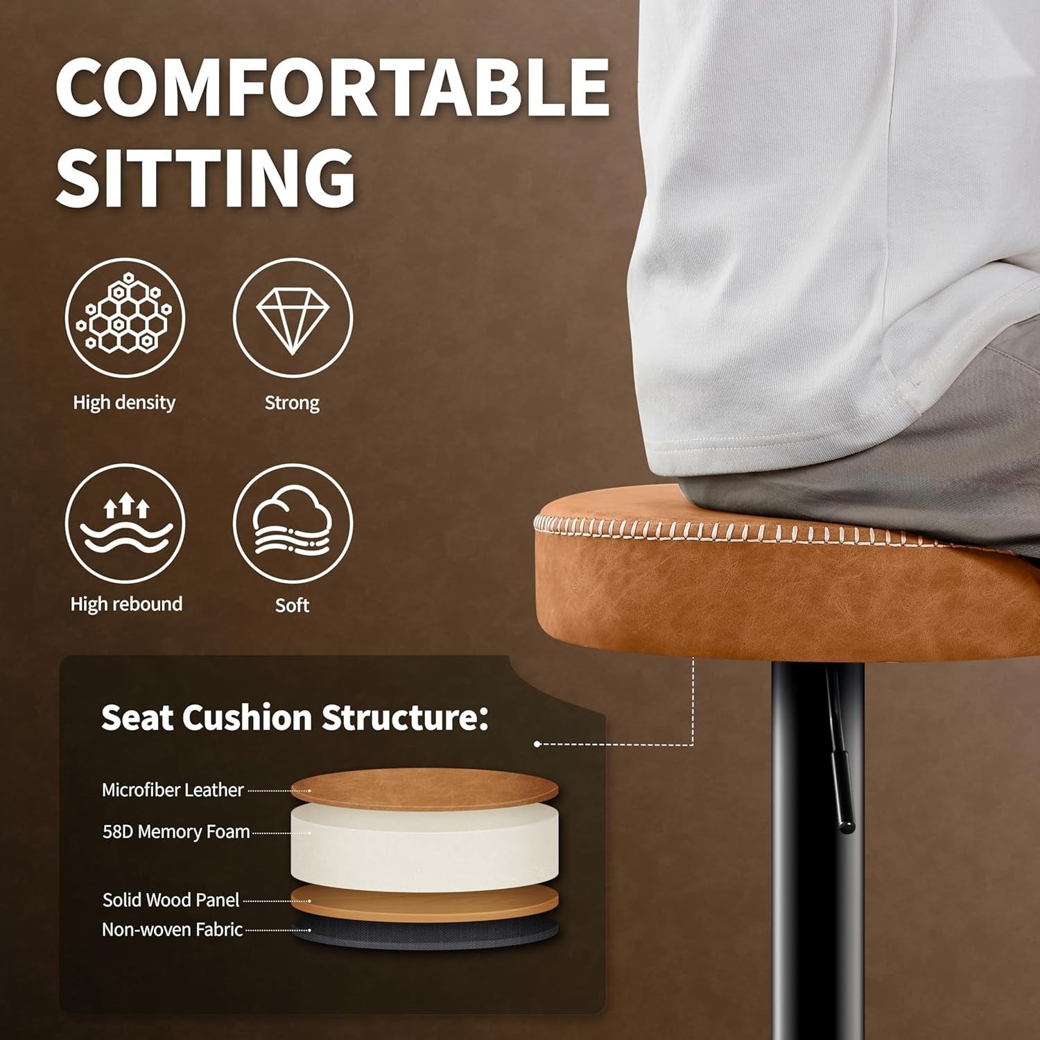 2PCS Brown Adjustable Swivel Bar Stools 36cm Round Kitchen Chairs
