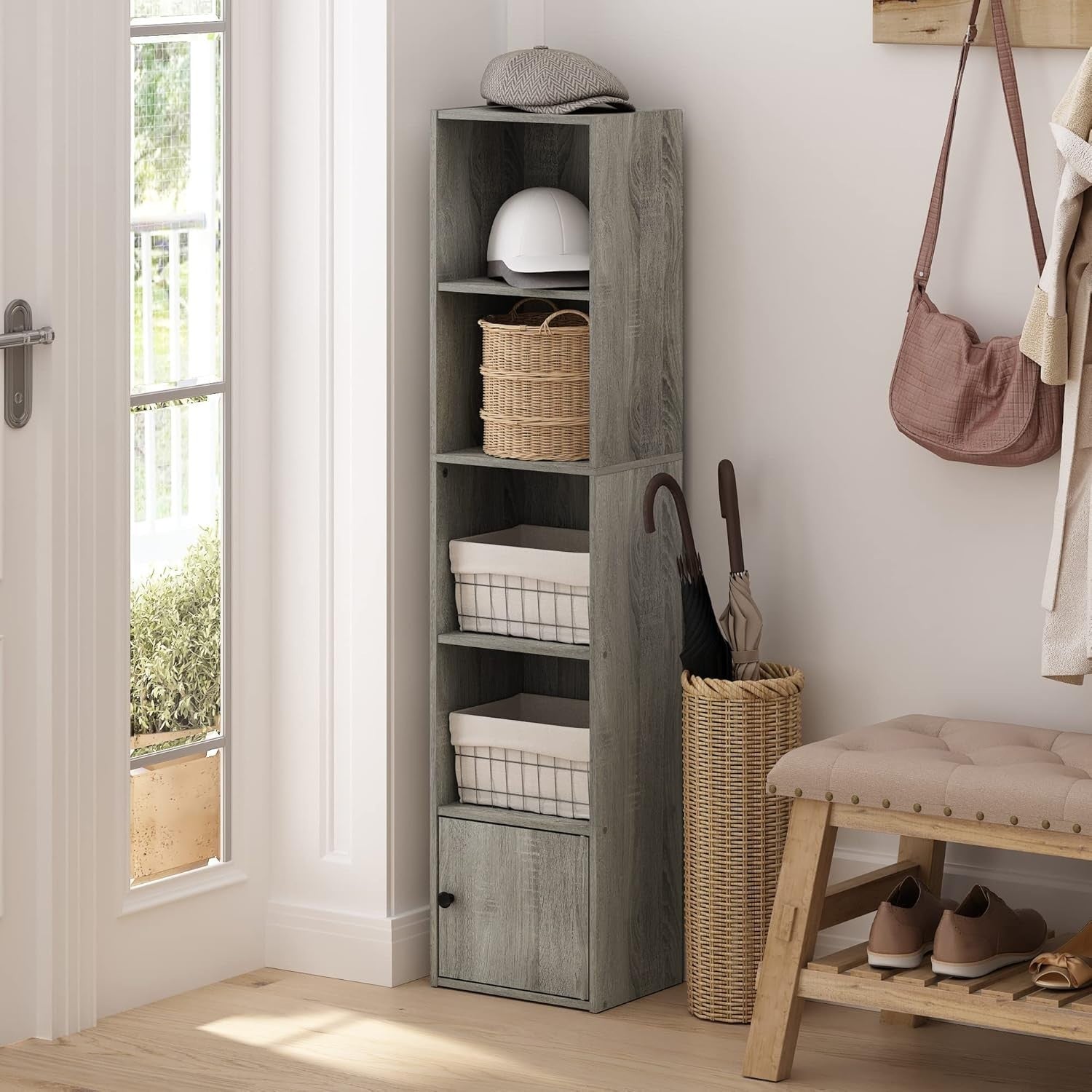 5-Tier French Oak Bookshelf with Cabinet Storage Modern Display Shelf