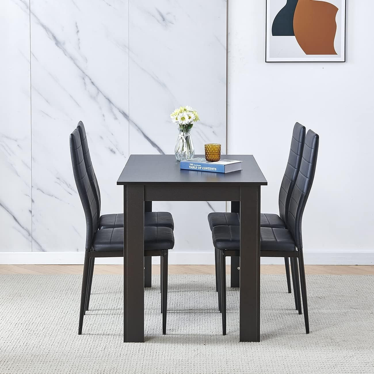 Black Leather Dining Set 5-Piece | Modern Kitchen Table & Chairs
