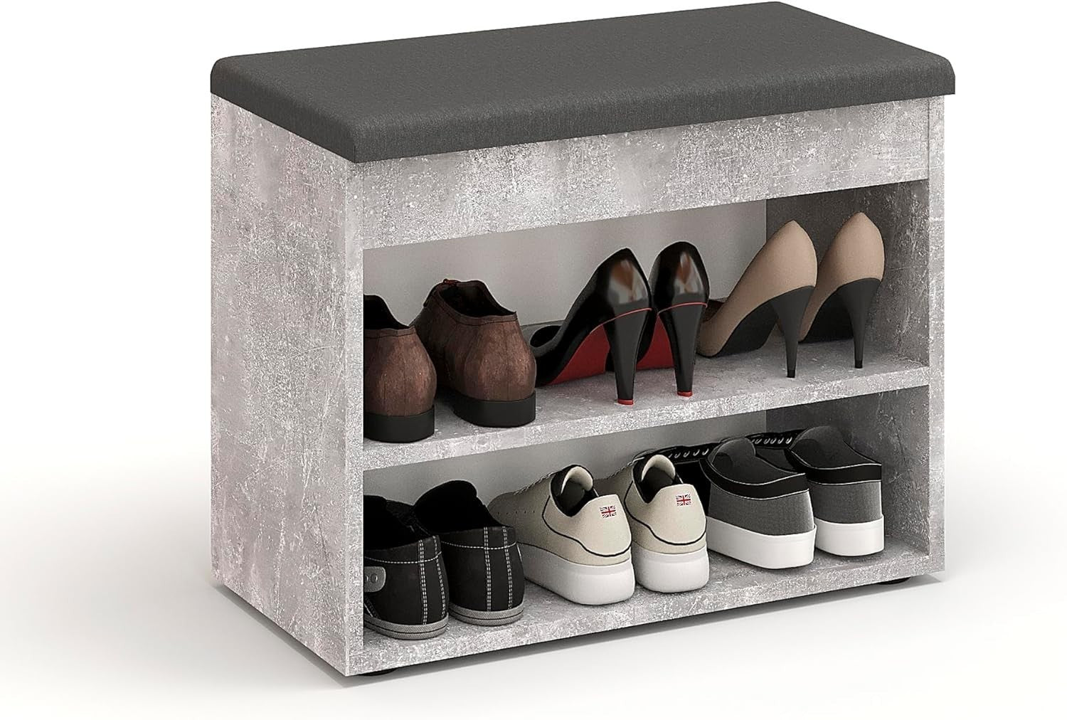Concrete Grey Shoe Bench with Cushion & Storage for Entryway or Hallway