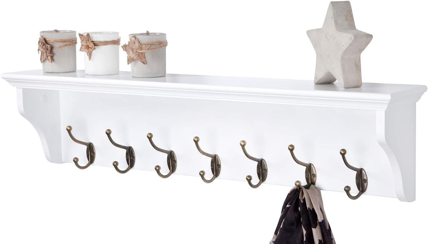 White Wooden Wall Coat Rack with Shelf & 7 Hooks – Hallway Bathroom Organizer