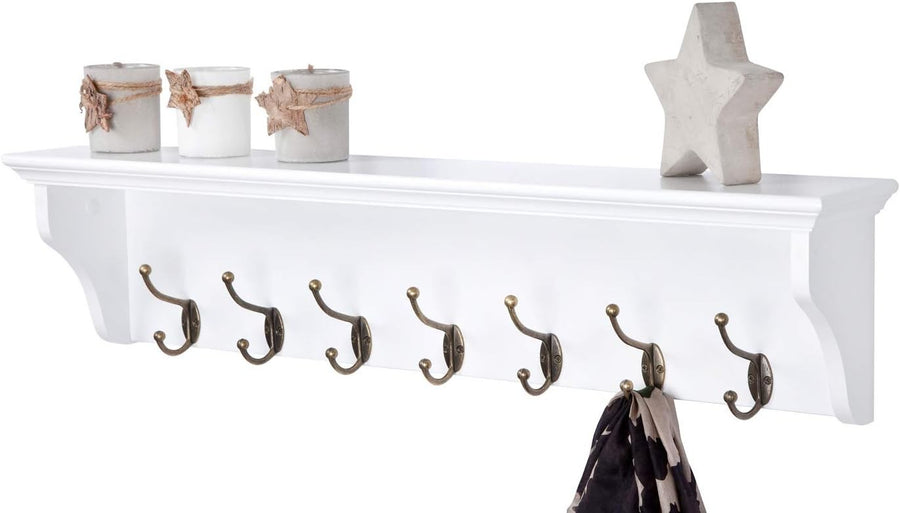 White Wooden Wall Coat Rack with Shelf & 7 Hooks – Hallway Bathroom Organizer