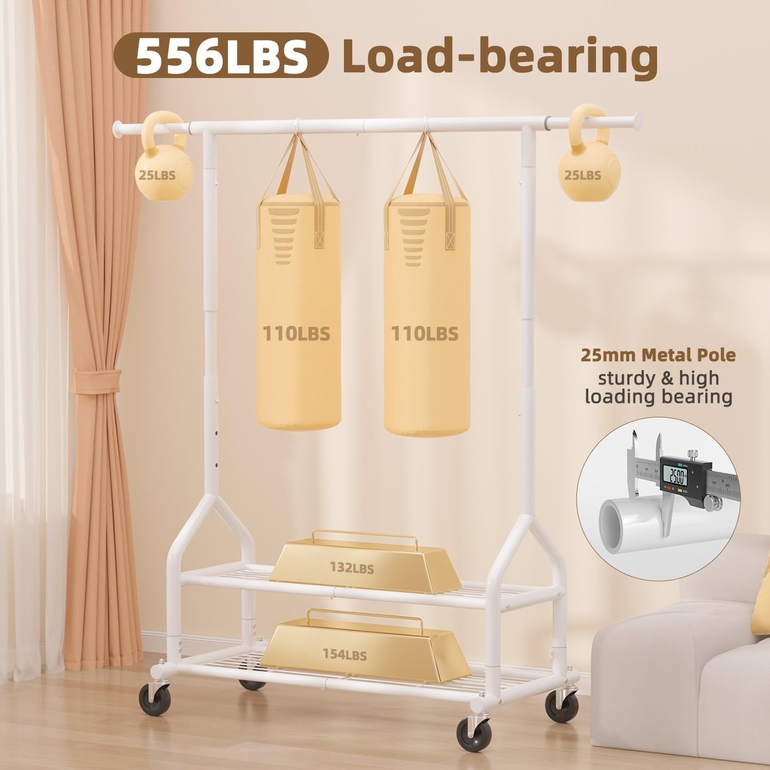 White Heavy Duty 252KG Clothes Rail With Shelves & Wheels