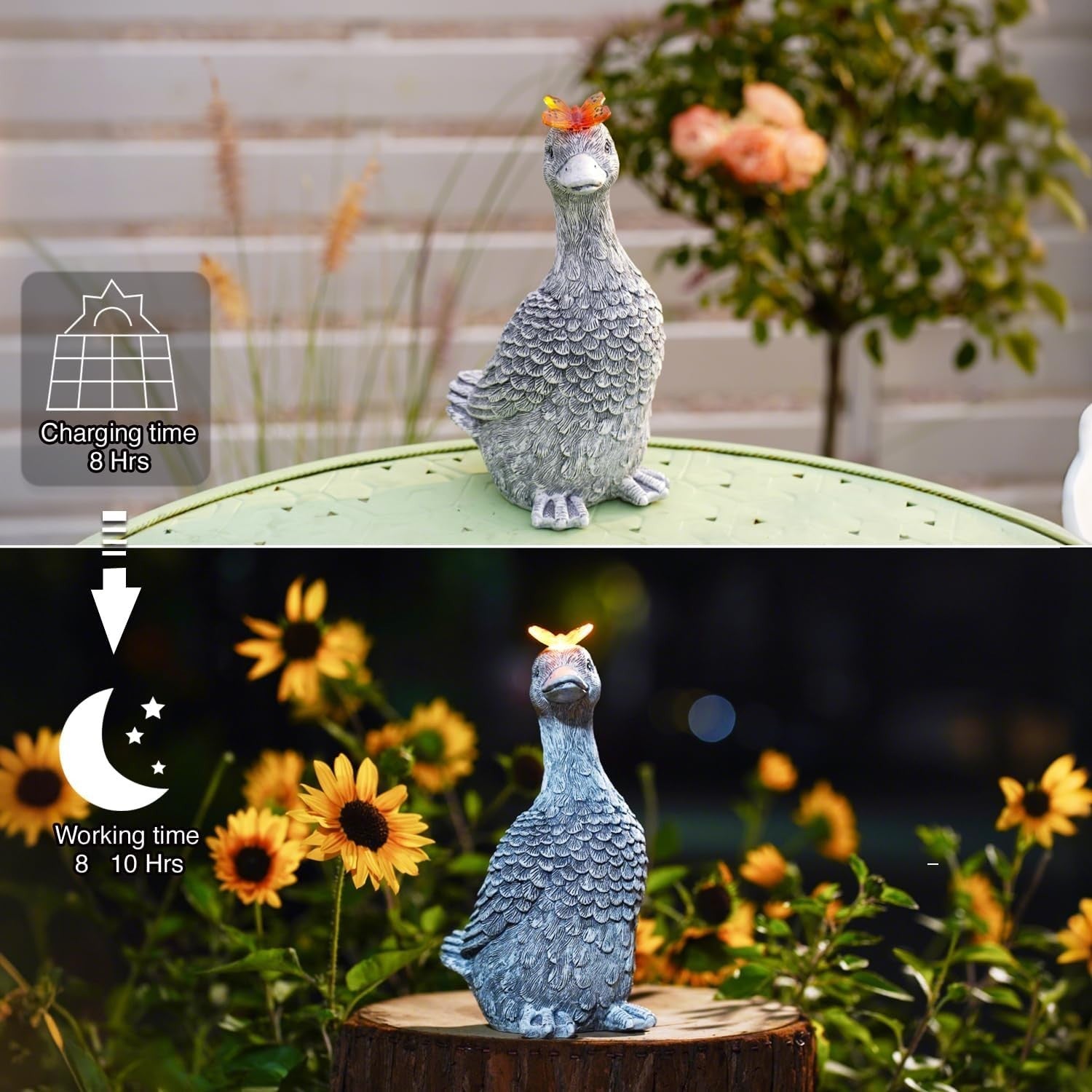 Solar Goose Garden Ornament Resin Statue with Butterfly Light Outdoor Decor