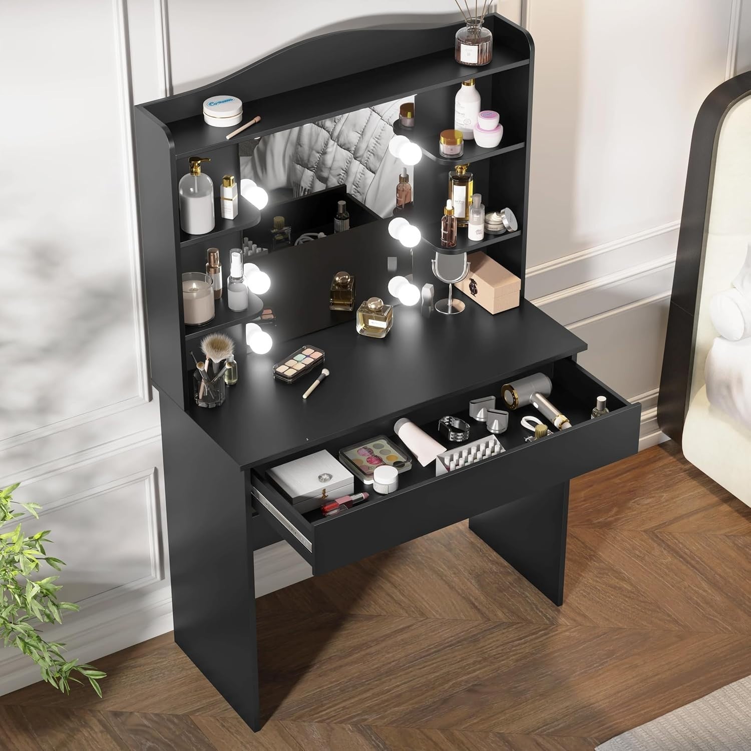 Modern Dressing Table Set LED Light Mirror Stool Drawers Makeup Vanity