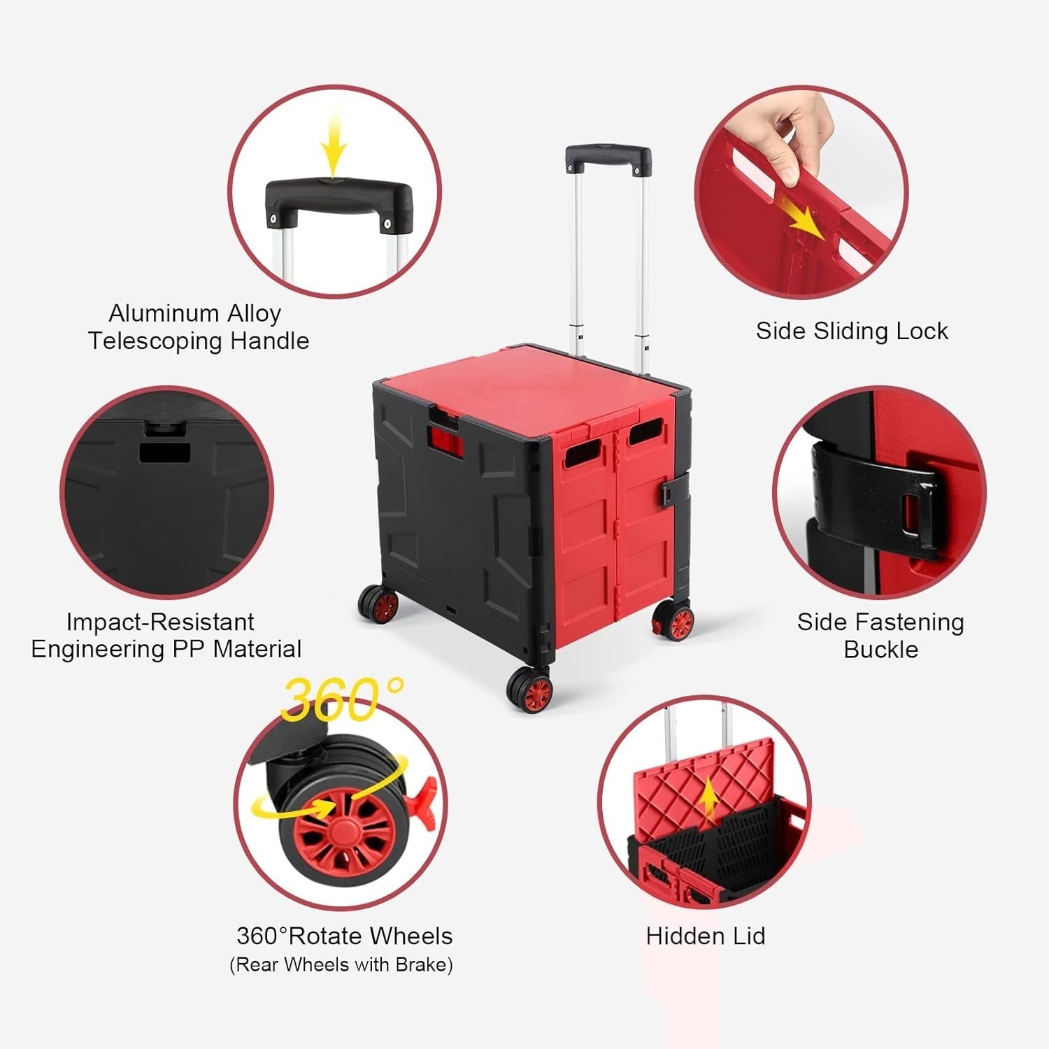 Foldable Grocery Shopping Trolley Cart Box 50Kg with Lid Portable Red