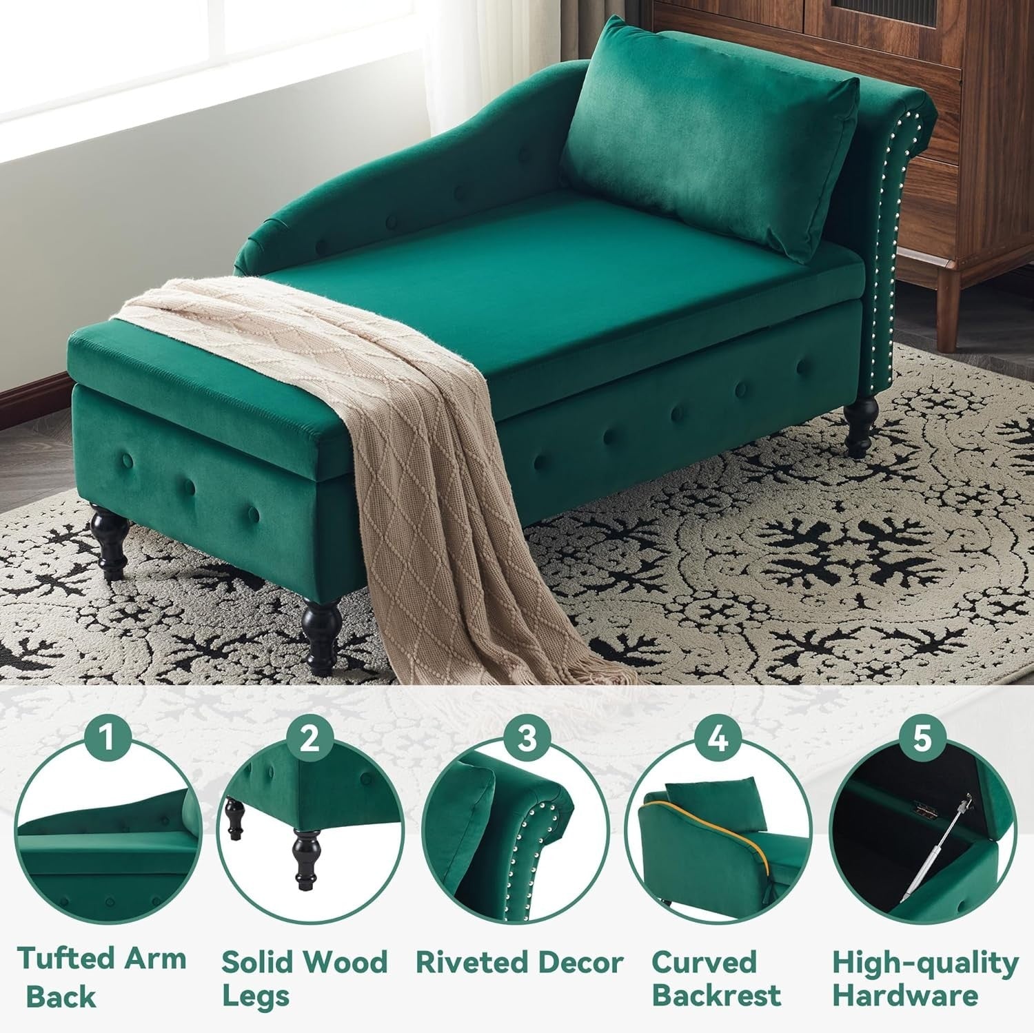 Velvet Chaise Lounge Sofa w/Storage & Pillow Right Armrest Green Tufted