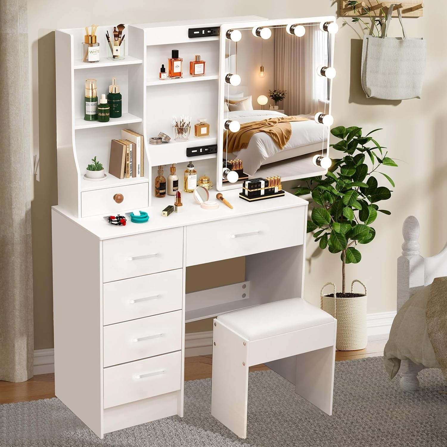 White Vanity Dressing Table w/ LED Mirror 6 Drawers Stool Makeup Desk