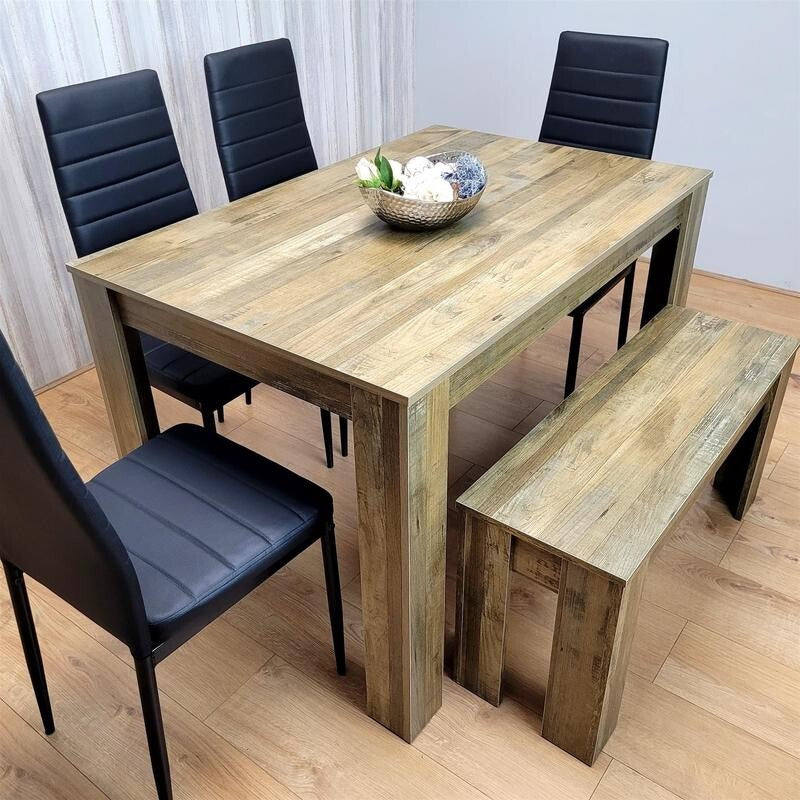 Rustic Dining Table Set with 4 Black Leather Chairs & Bench, 6 Seater