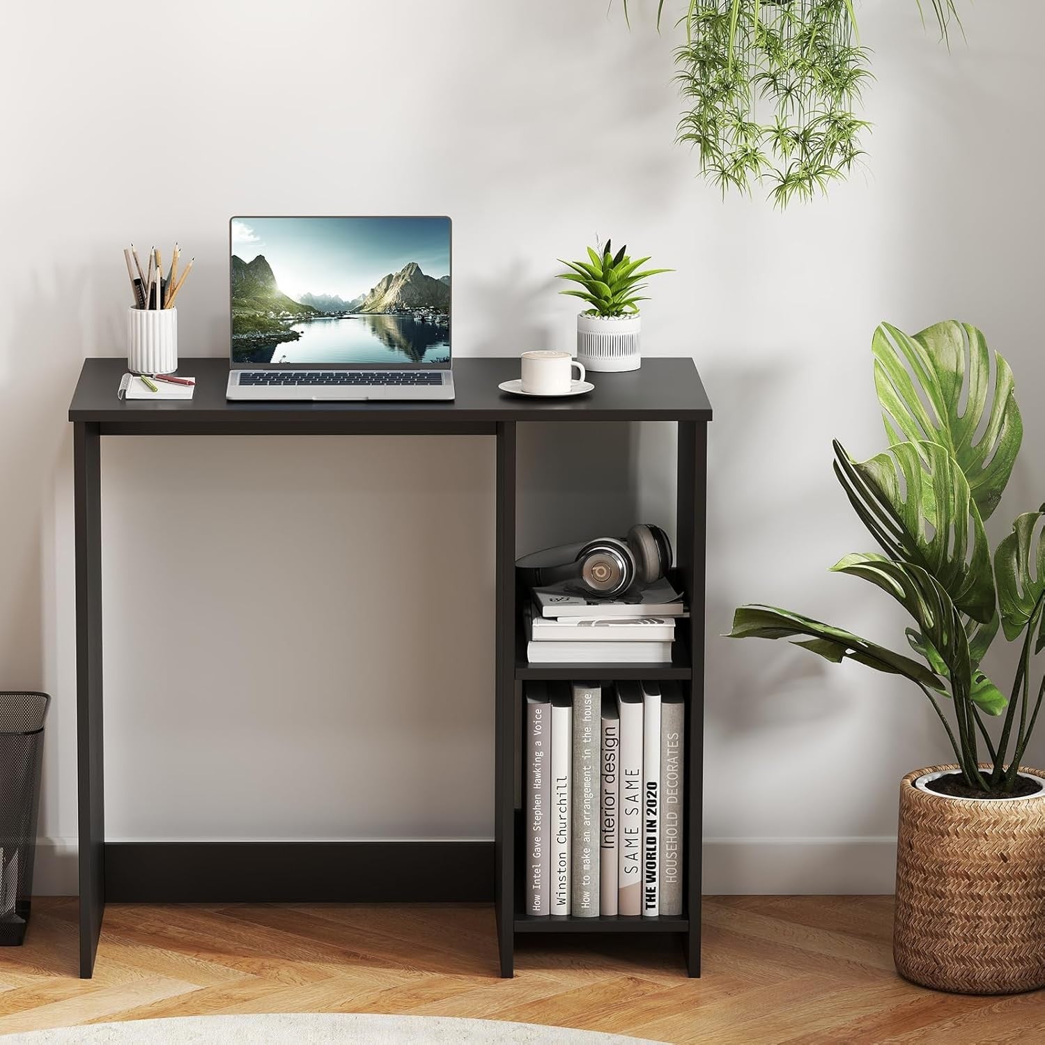 Compact Computer Desk with Shelves Small Space Home Office Laptop  Black