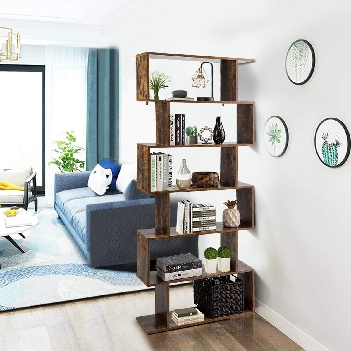 S Shaped 6 Tier Wooden Bookcase Freestanding Display Storage Shelf Rustic Brown