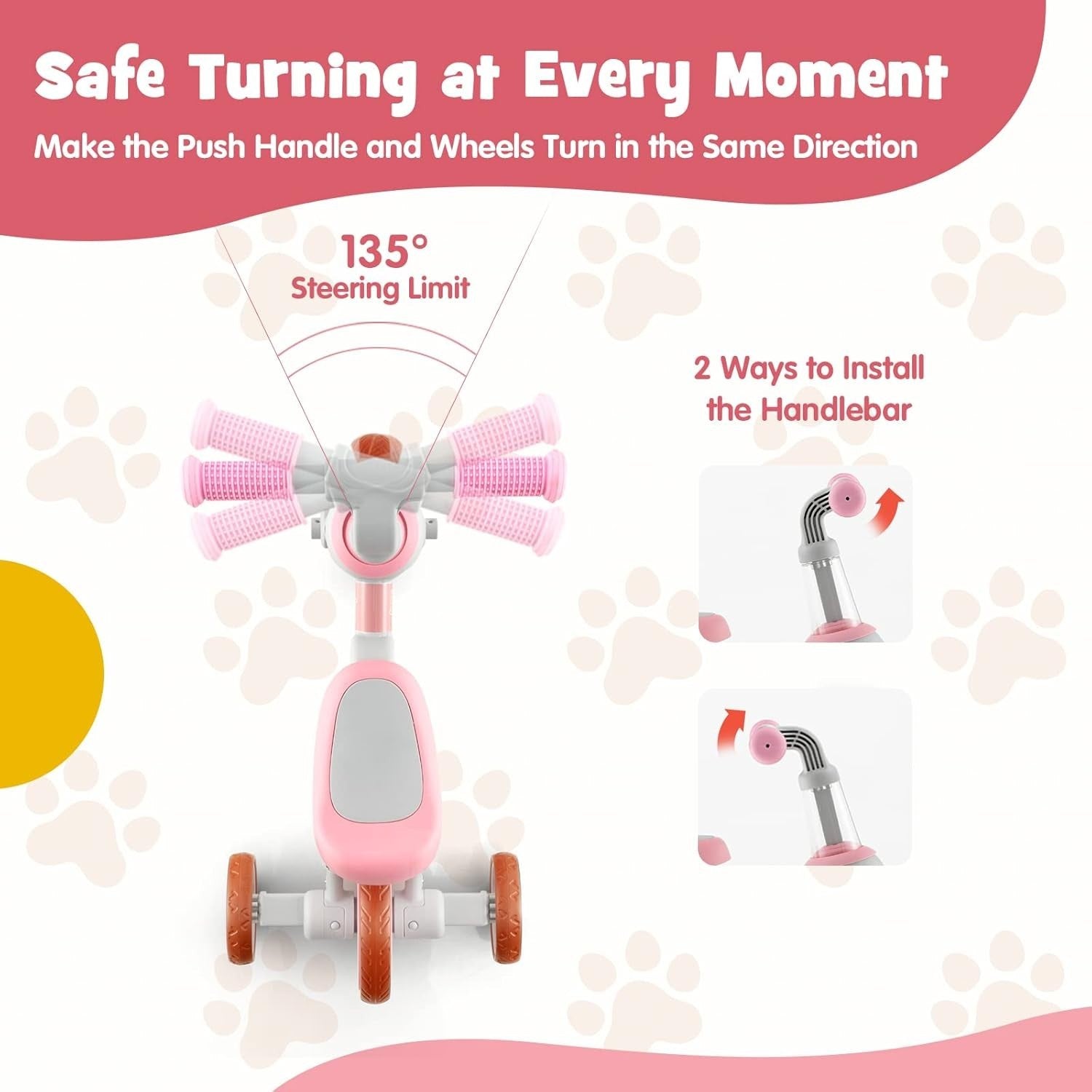 4 in 1 Kids Trike Balance Bike Push Tricycle Adjustable Handle Pink