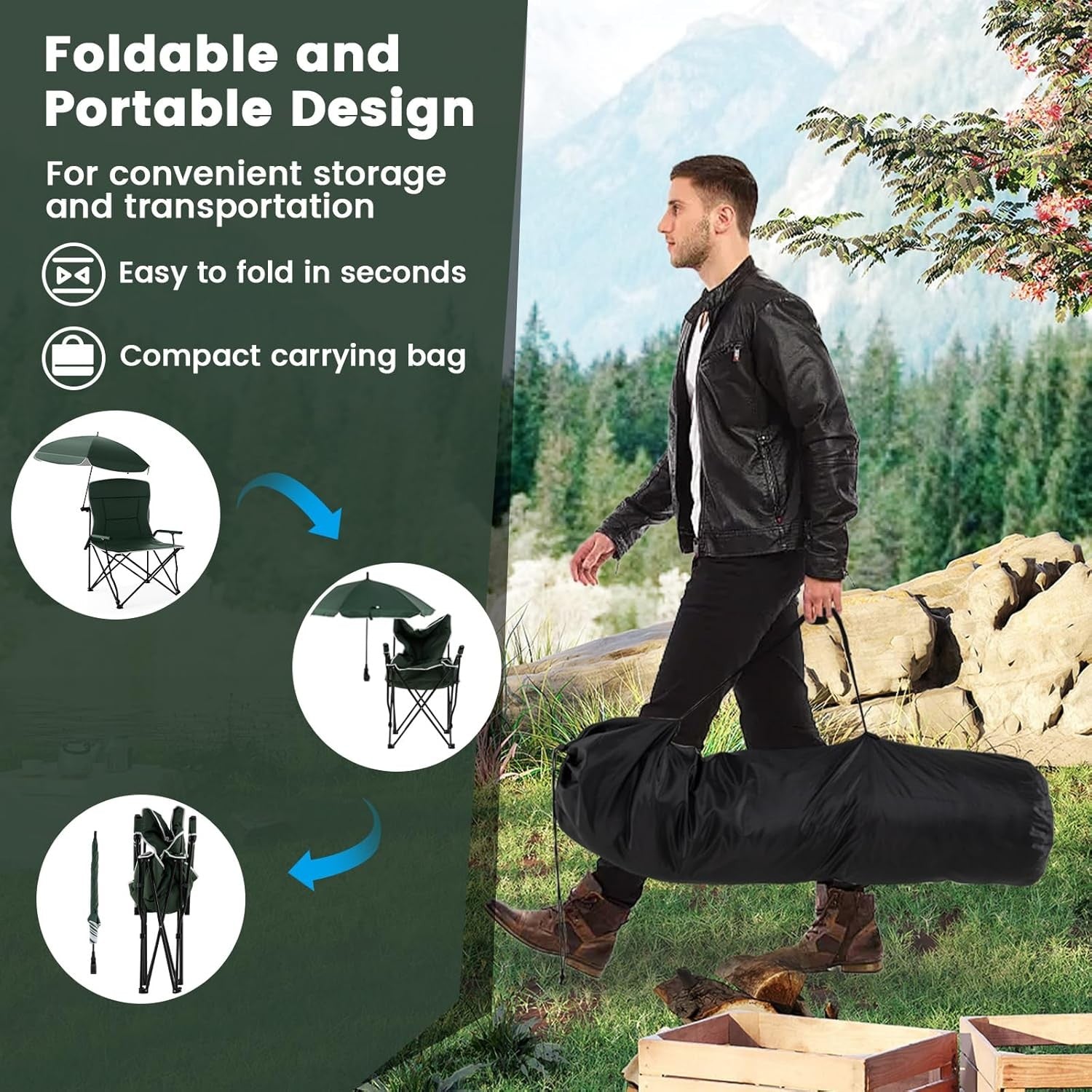 Camping Chair with Adjustable Umbrella Canopy Seat