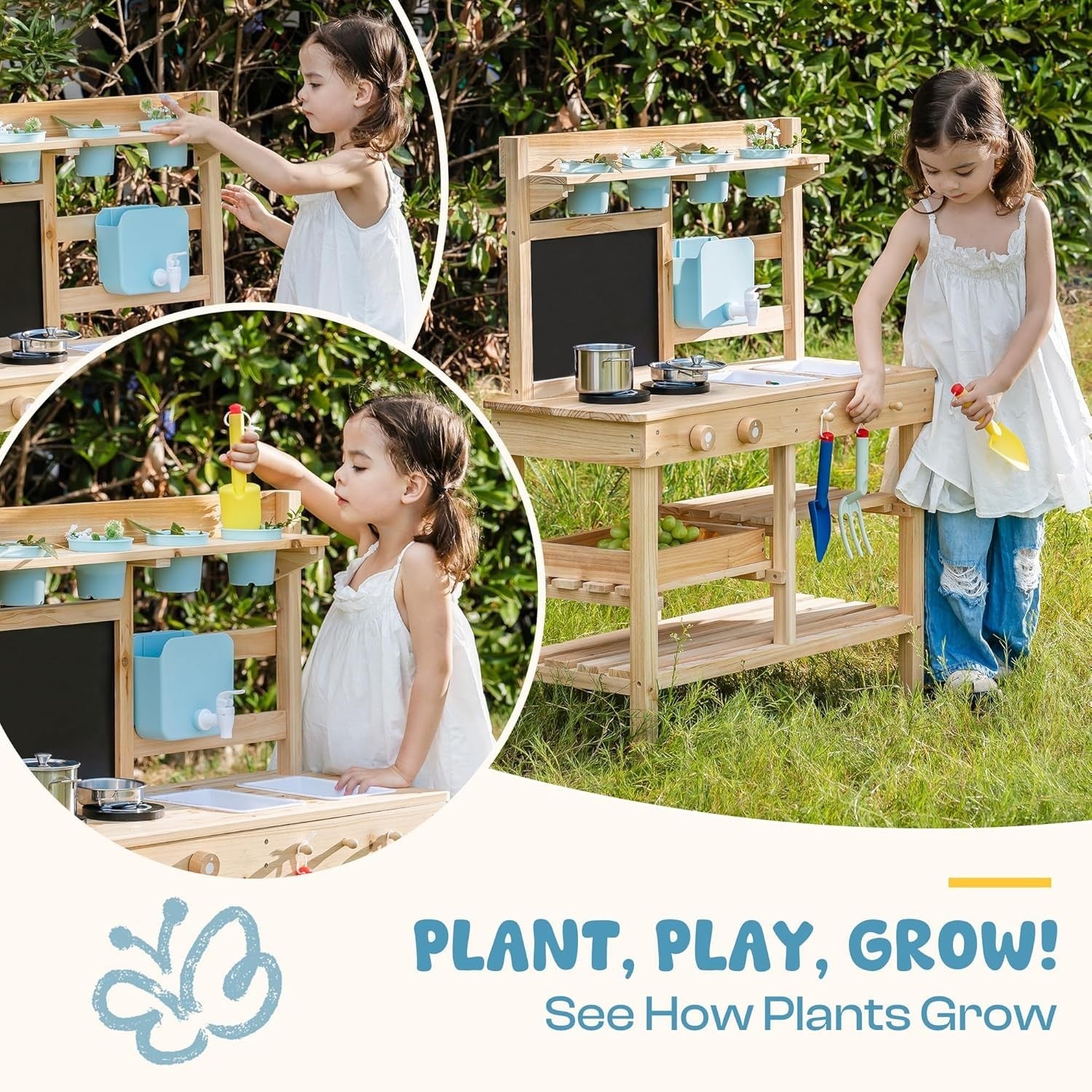 Outdoor Wooden Mud Kitchen Kids Playset Faucet Blackboard Garden Toy
