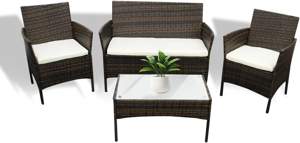 4 Seater Rattan Garden Furniture Set Outdoor Patio Sofa Glass Table