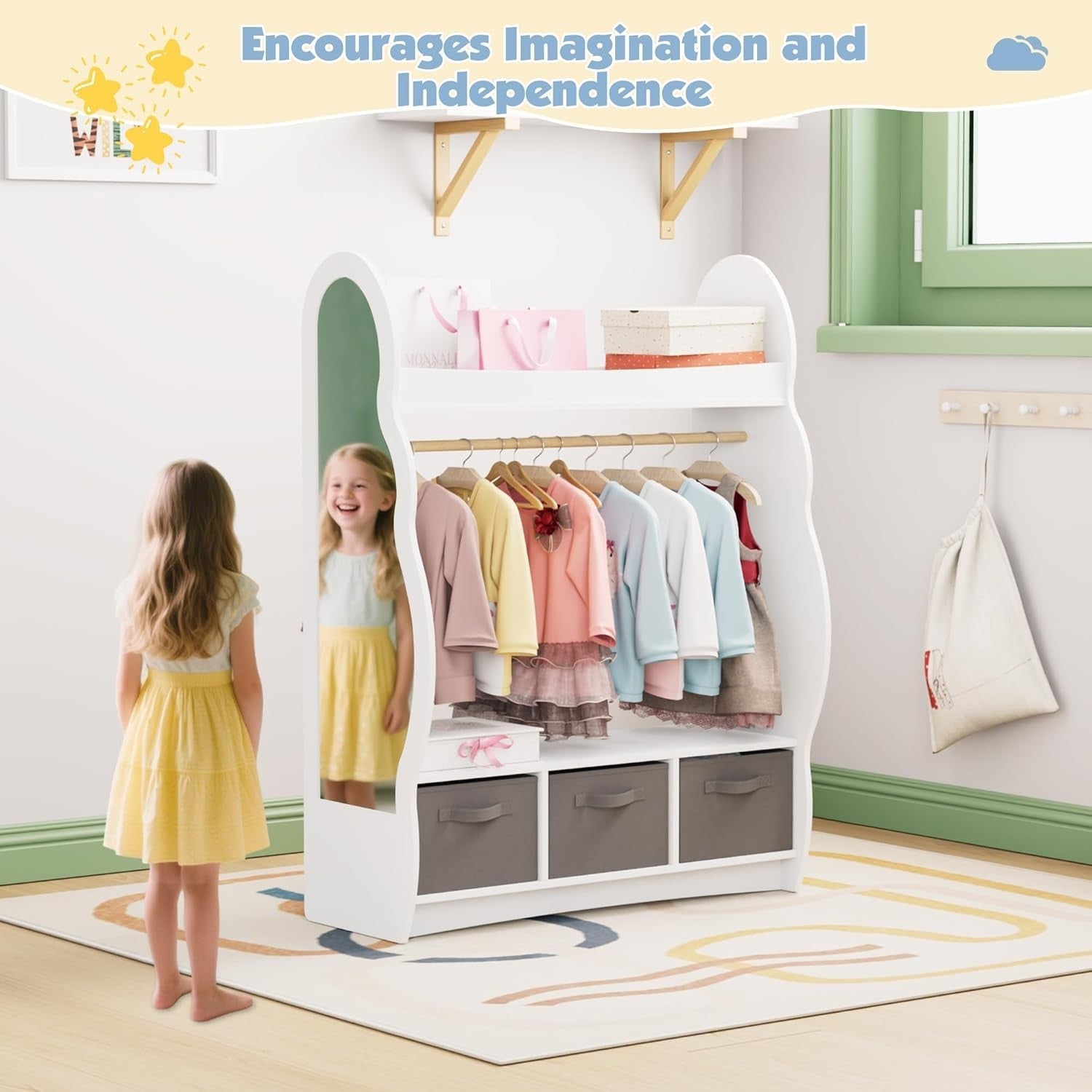 Kids Wardrobe with Mirror, Hanging Rail & 3 Drawers, White Cloud Design