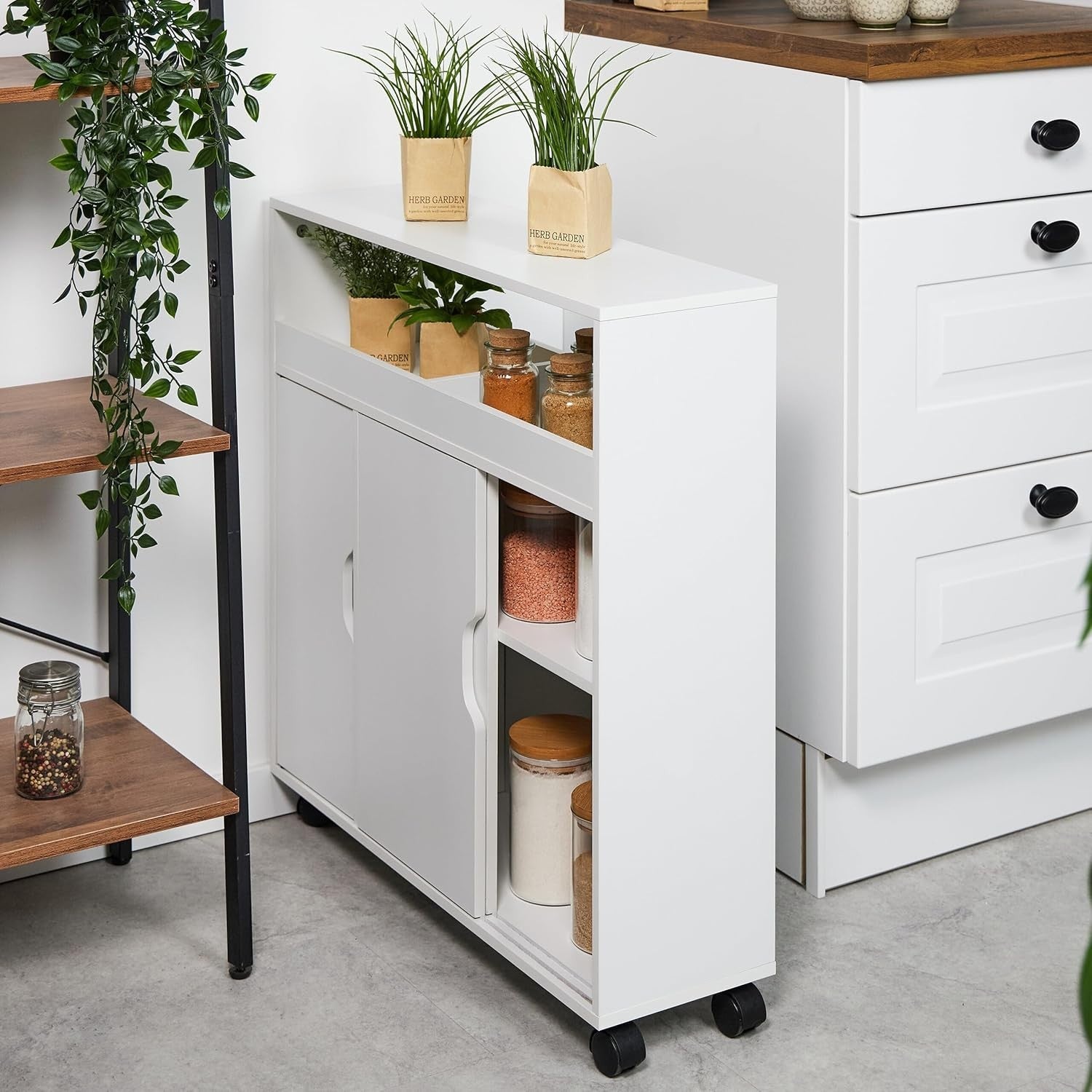 Slim Rolling Storage Cabinet Bathroom Kitchen Trolley Shelves White Cart