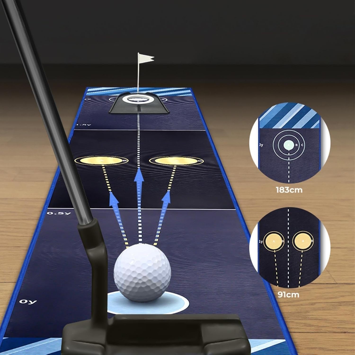 Indoor Golf Putting Mat Trainer Alignment Lines Ball Return Practice Green