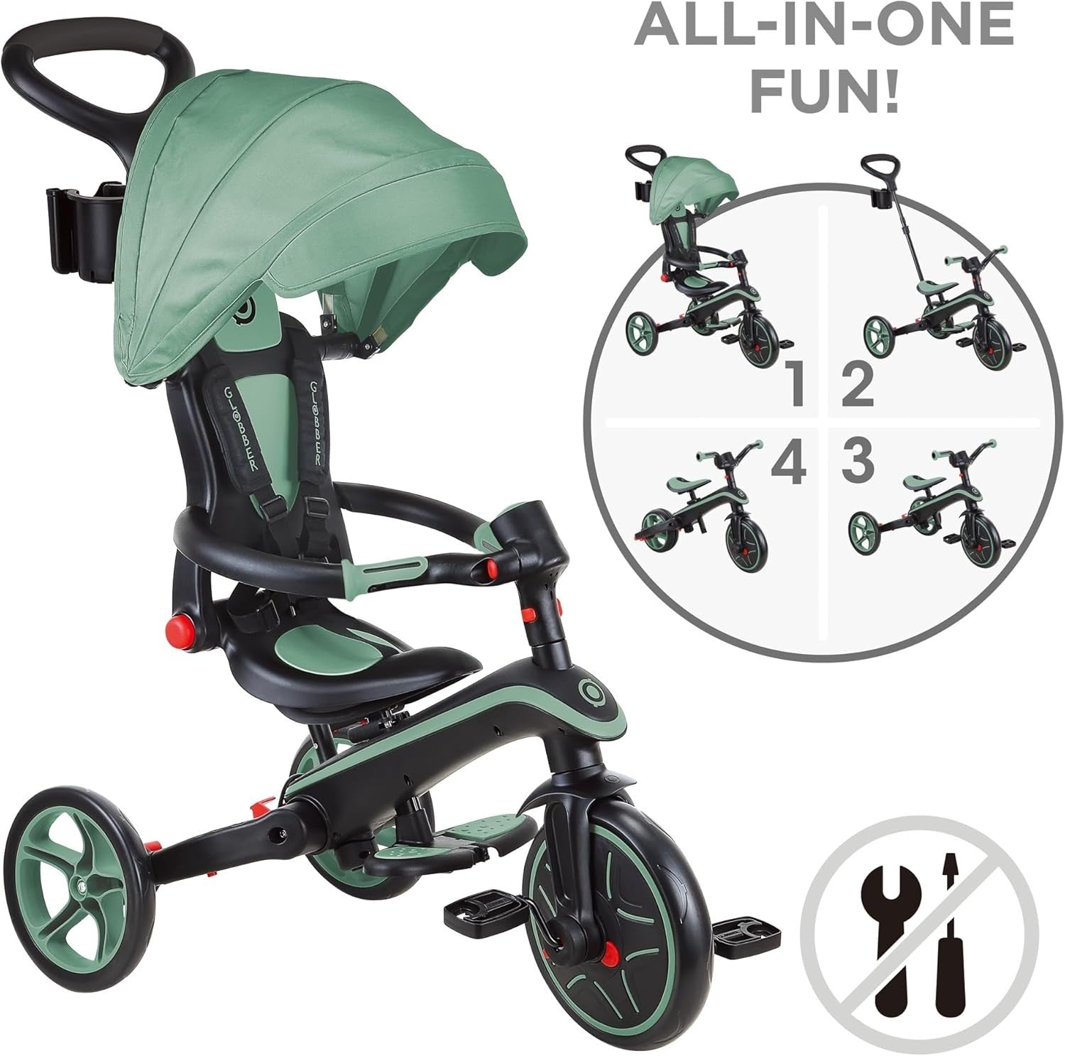 4 in 1 Foldable Trike Balance Bike Kids Ride On Canopy 10M-5Y Olive