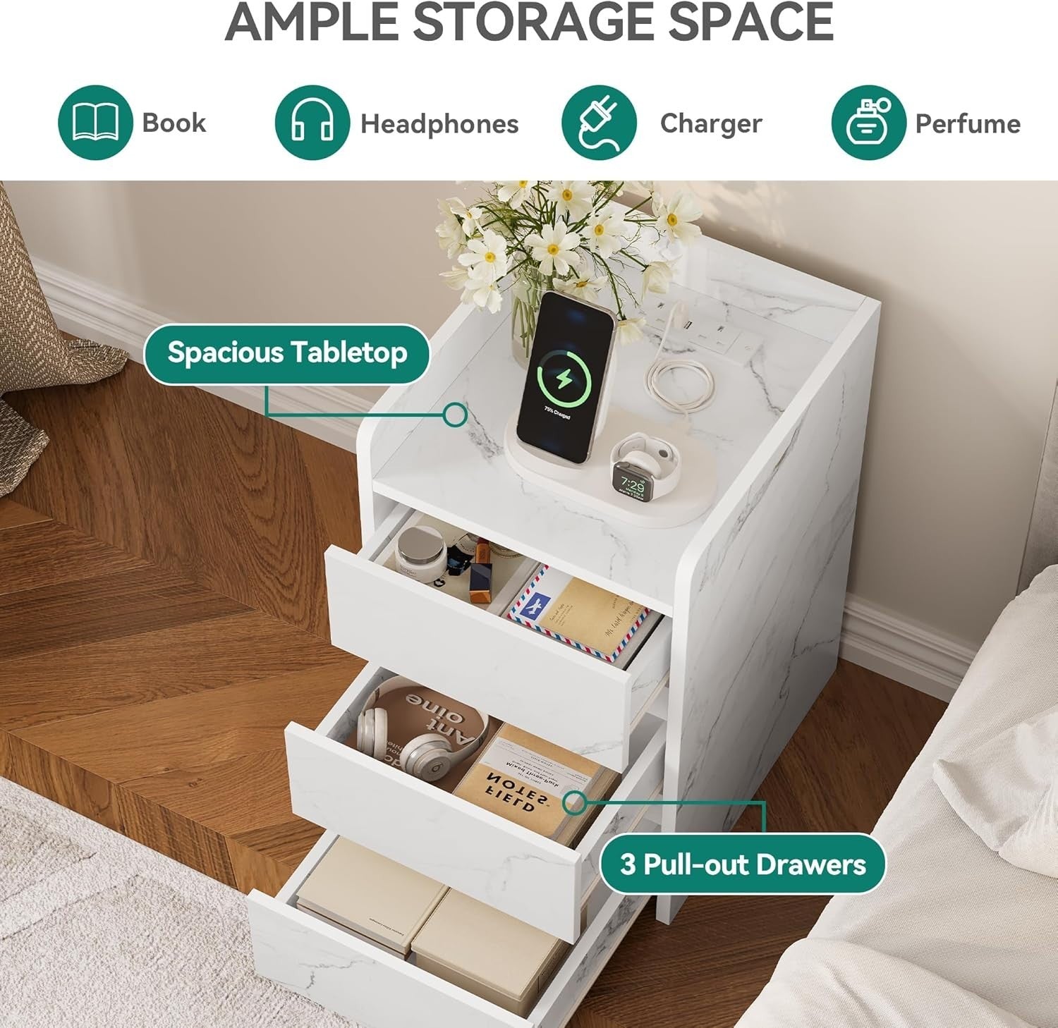 Marble White 3 Drawer Bedside Table – Modern Nightstand with USB Ports