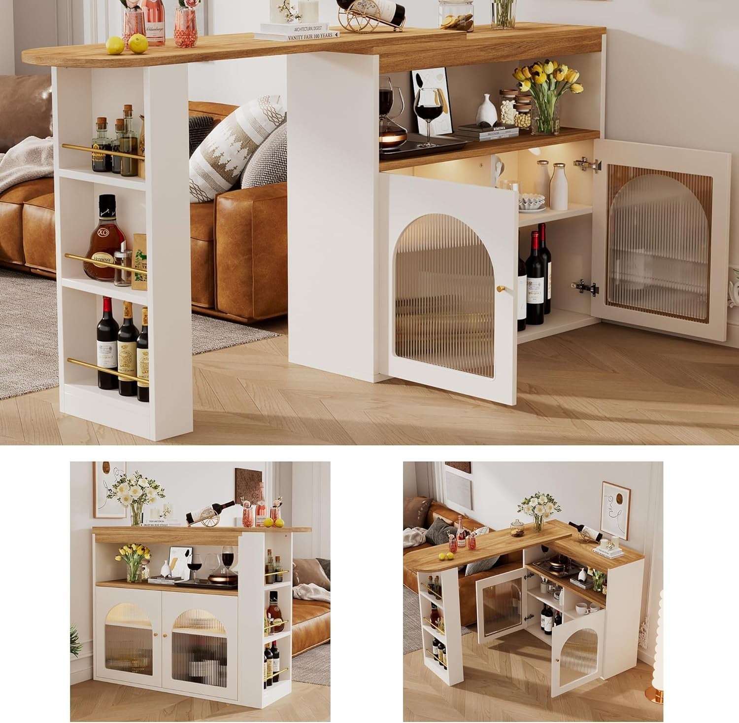 Extendable White Bar Table w/ LED Storage Cabinet Shelves 138×39×105cm Furniture