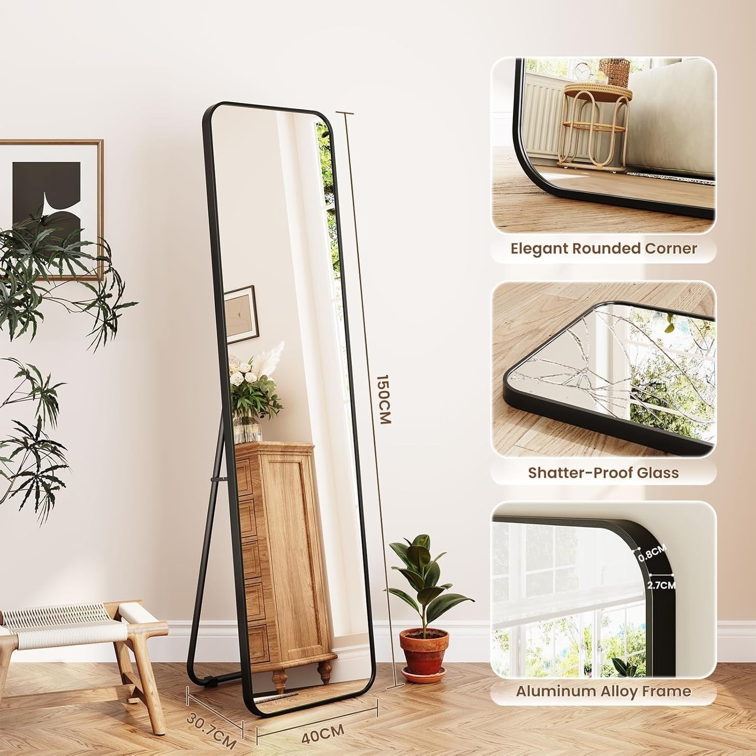 Full Length Rectangular Floor Mirror 150x40cm, Rounded Corners, Freestanding