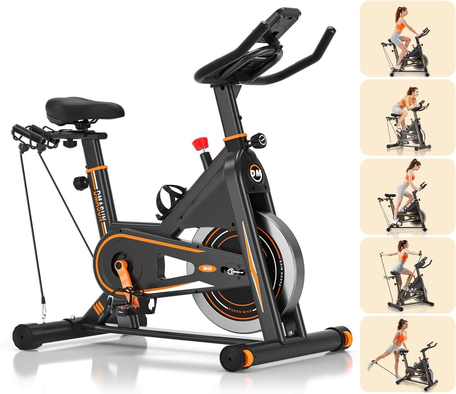 Silent Magnetic Exercise Bike w/ LCD, Tablet Holder, Bands, Rack & 360lb Cap