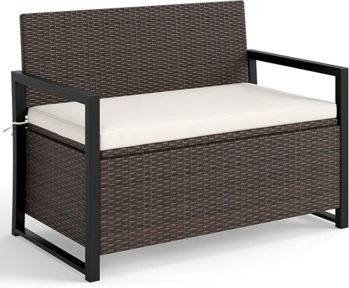 Outdoor 2-Seater PE Rattan Storage Bench with 150L Box & Padded Cushion