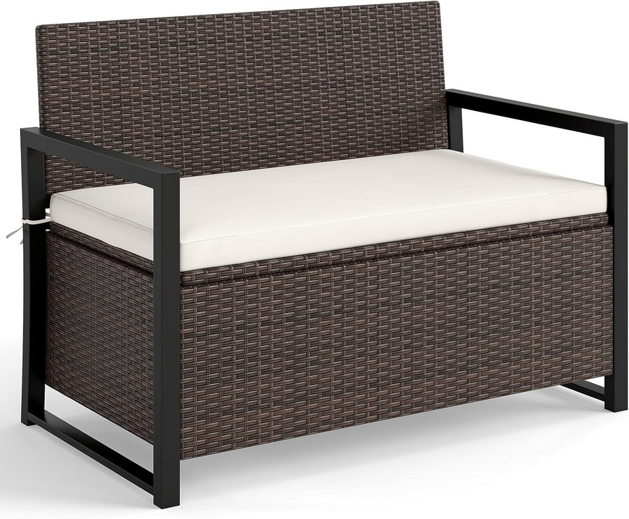 Outdoor 2-Seater PE Rattan Storage Bench with 150L Box & Padded Cushion