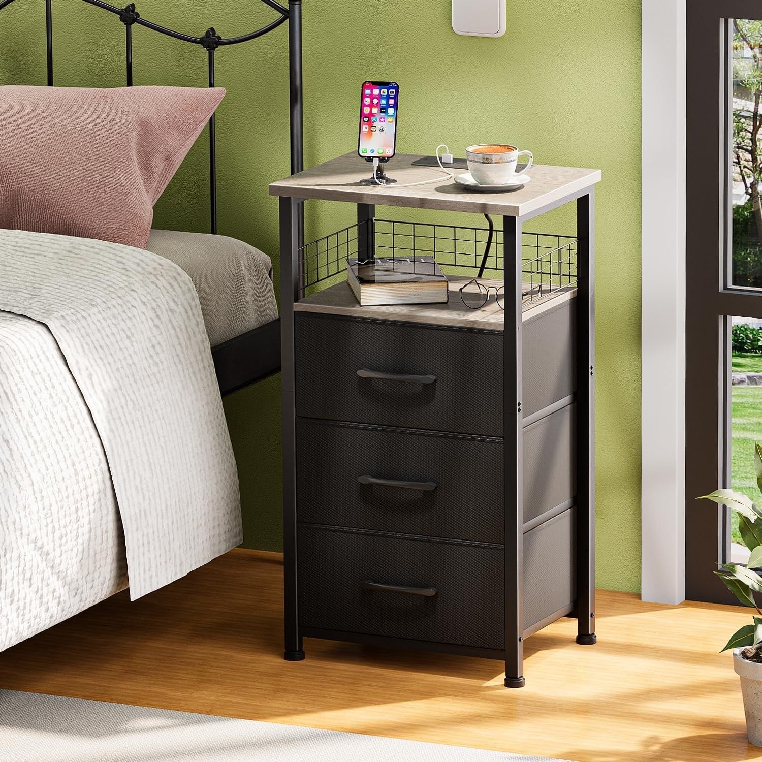 Modern LED Bedside Tables with 3 Drawers & USB Charging – Set of 2, Grey