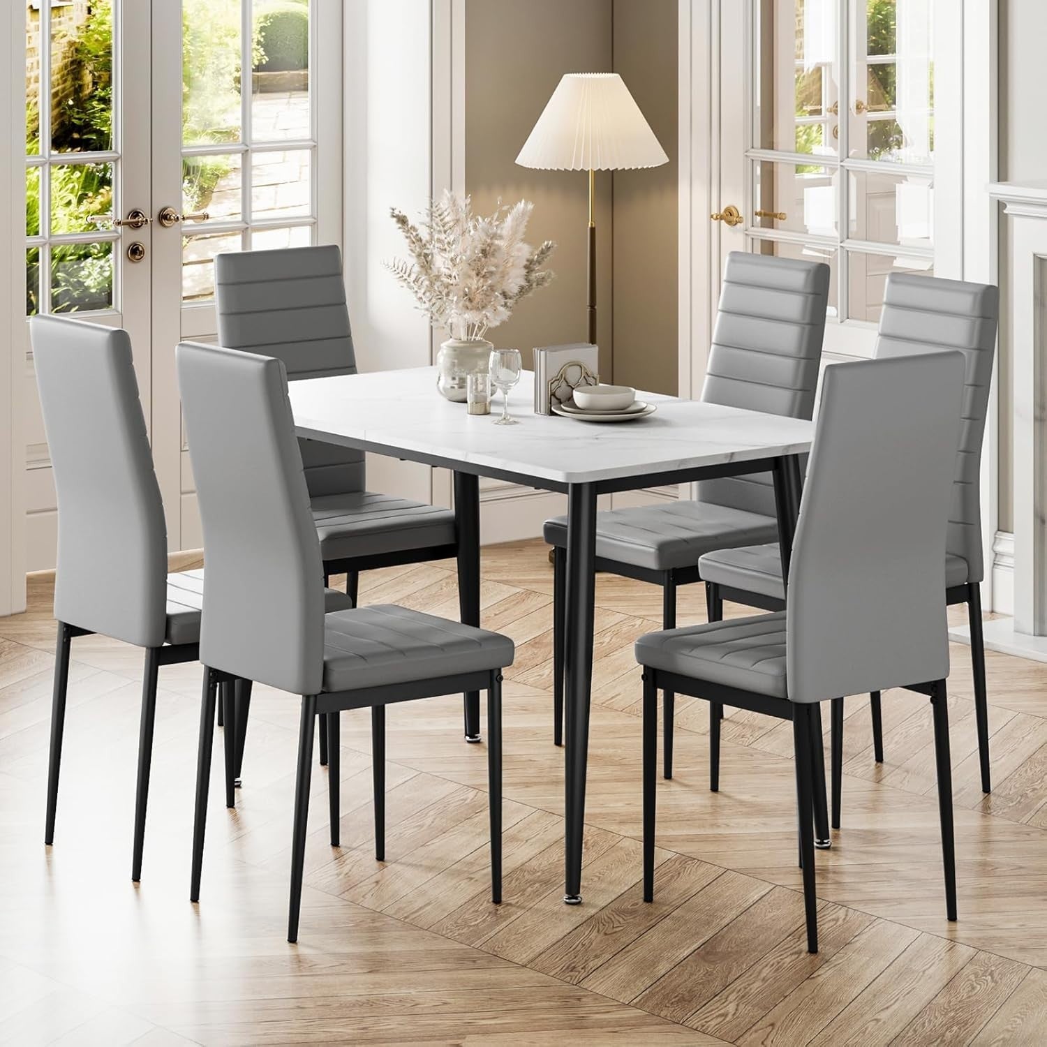 6 Seat Marble Dining Table Set Faux Leather Chairs Modern Kitchen 120cm