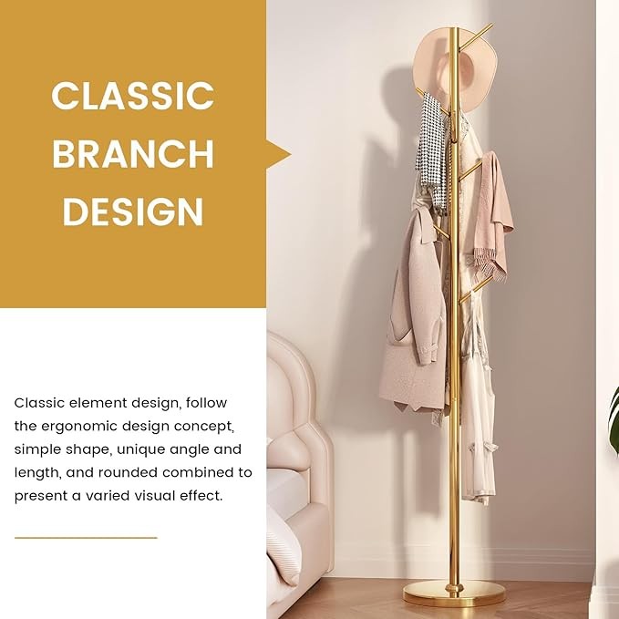 Gold Metal Coat Rack Stand with 8 Hooks | Modern Tree Branch Freestanding