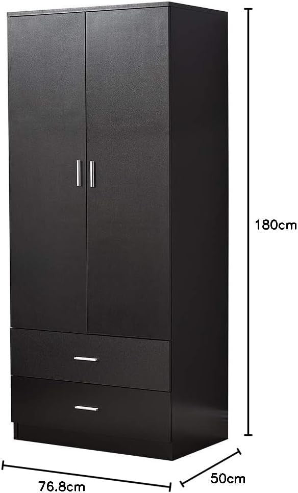 Tall Black 2 Door Wardrobe With Drawers & Hanging Rail Bedroom Storage