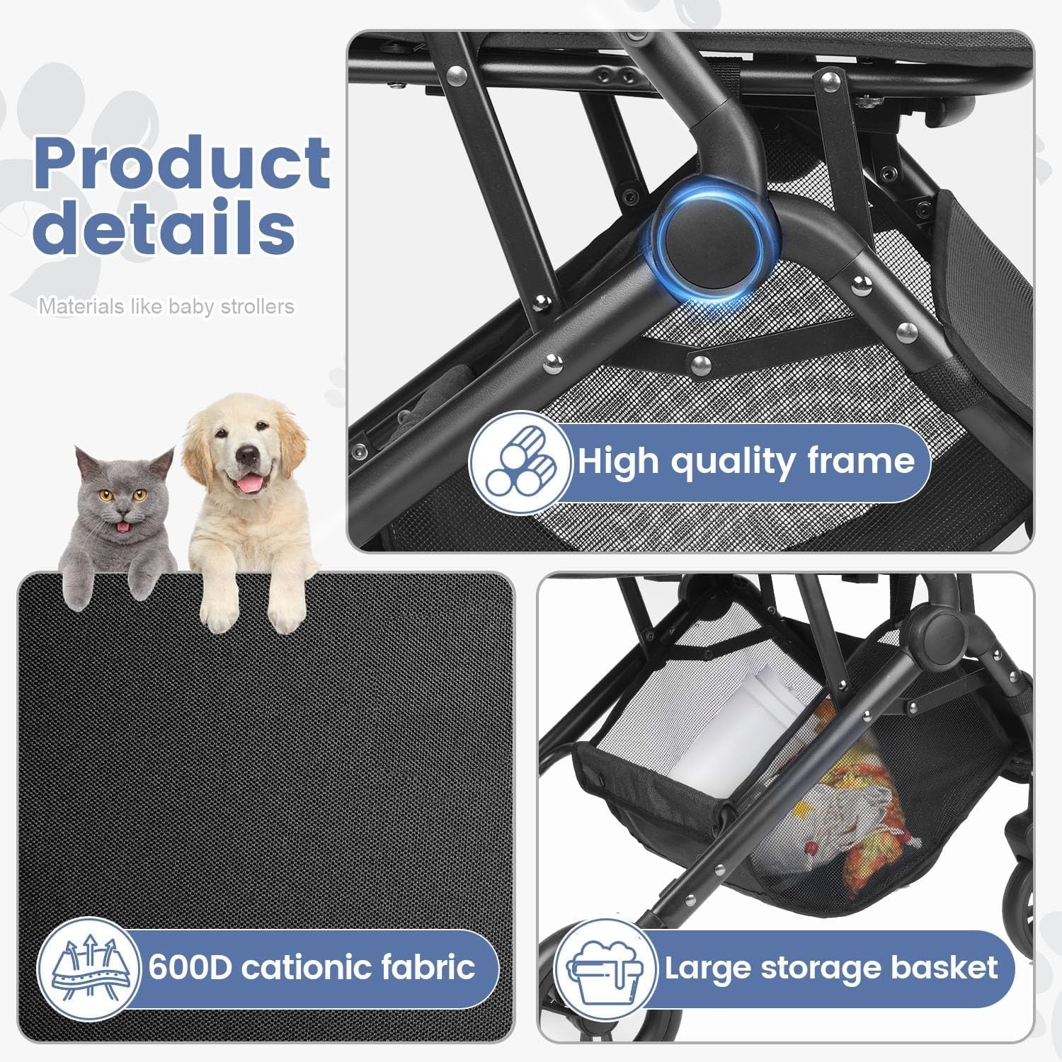 Pet Stroller 4 Wheel Folding Travel Carrier Small Medium Dogs Black