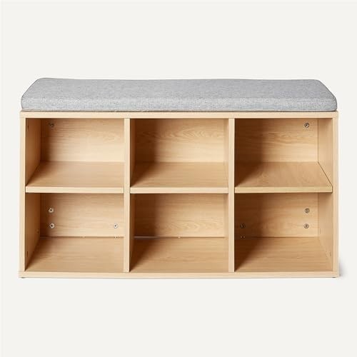 Oak Shoe Storage Bench, Cushion Seat 6 Compartment Adjustable Shelves 87x30x48cm