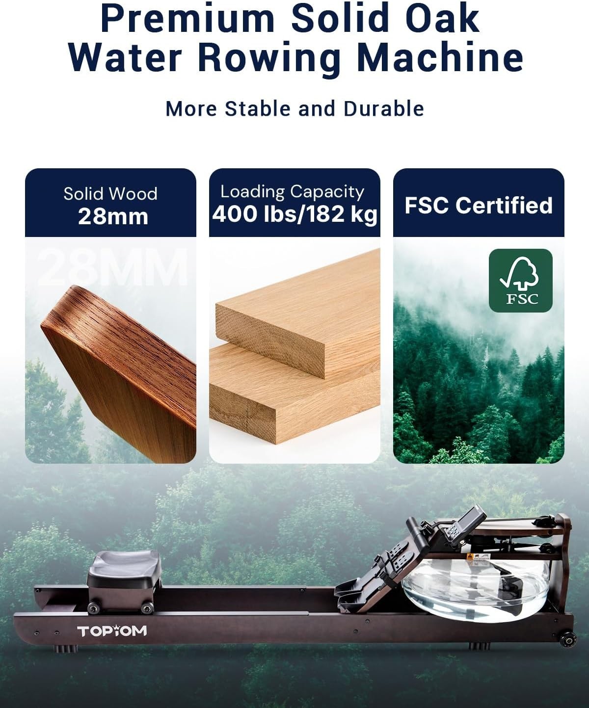 Oak Wood Water Rowing Machine Foldable Bluetooth TM3 Display Home Rower 182KG