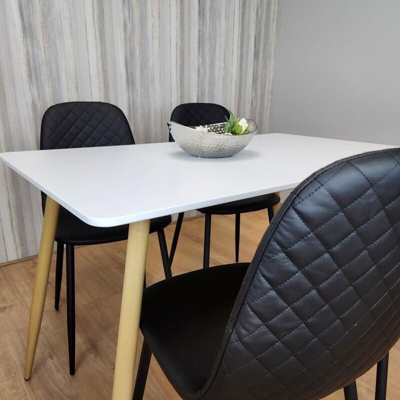 White Dining Table Set with 4 Black Faux Leather Chairs, Modern Kitchen