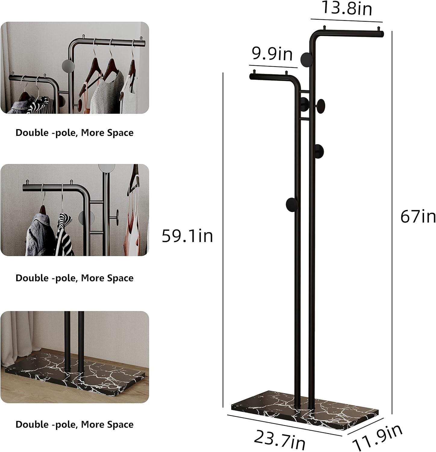Double Pole Metal Coat Rack Freestanding with Marble Base 5 Hooks Black