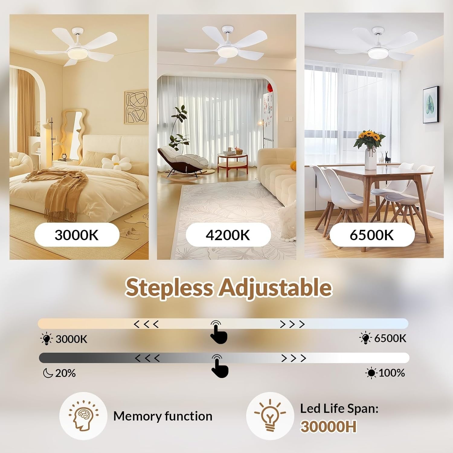 30" Ceiling Fan with Light, 5 Blades, Remote, Dimmable LED