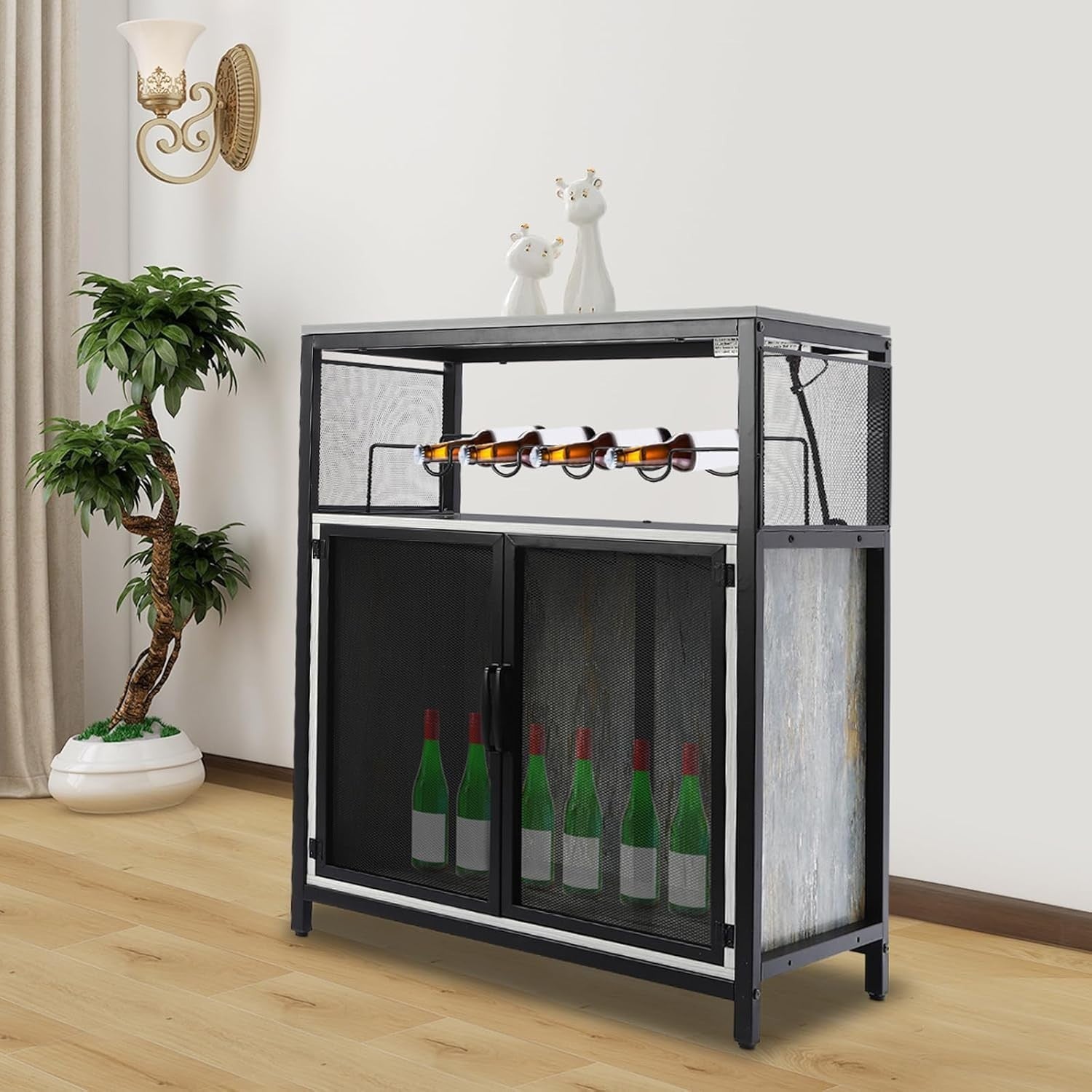 Industrial Wine Bar Cabinet with RGB Lights & Glass Holder Storage