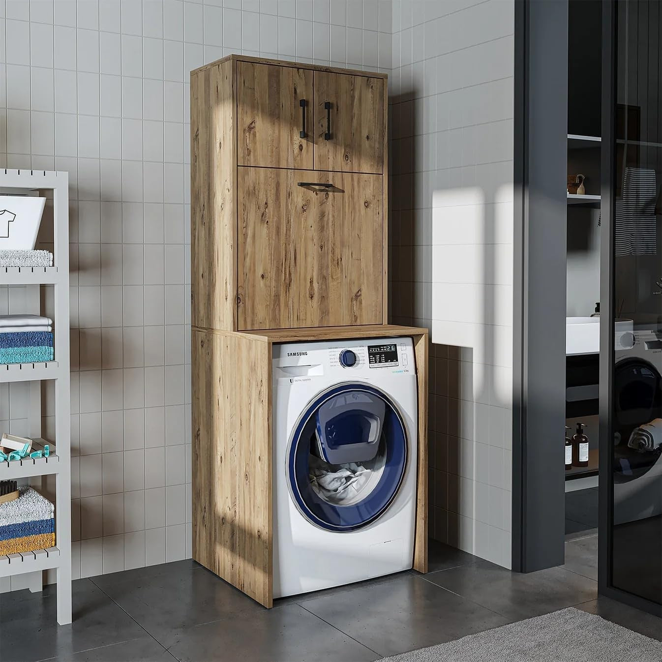 Luna Washing Machine Cabinet, Premium Melamine Coated Panels, White-Oak, 180.5cm