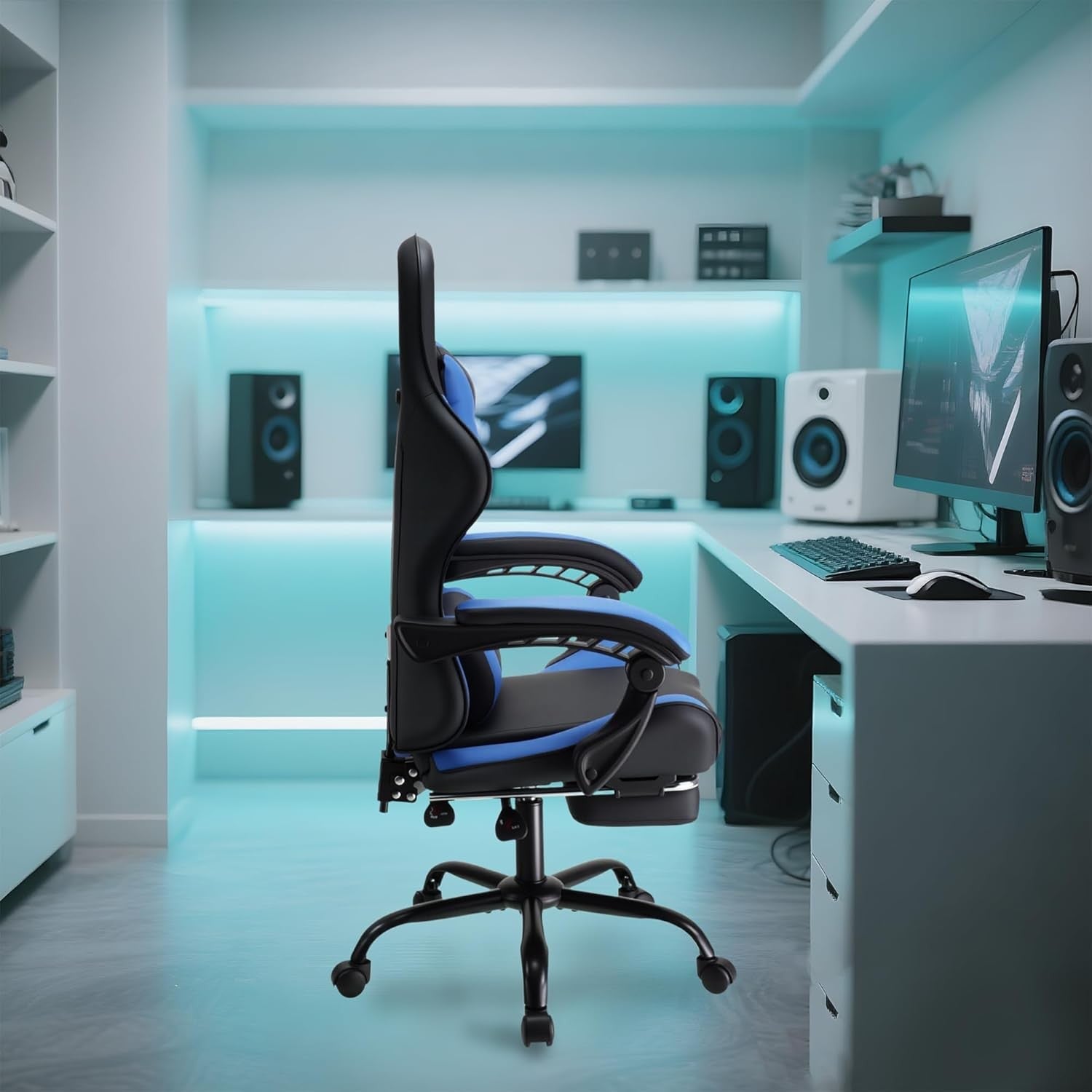 Reclining Gaming Chair w/ Footrest Ergonomic Office Desk Chair Blue