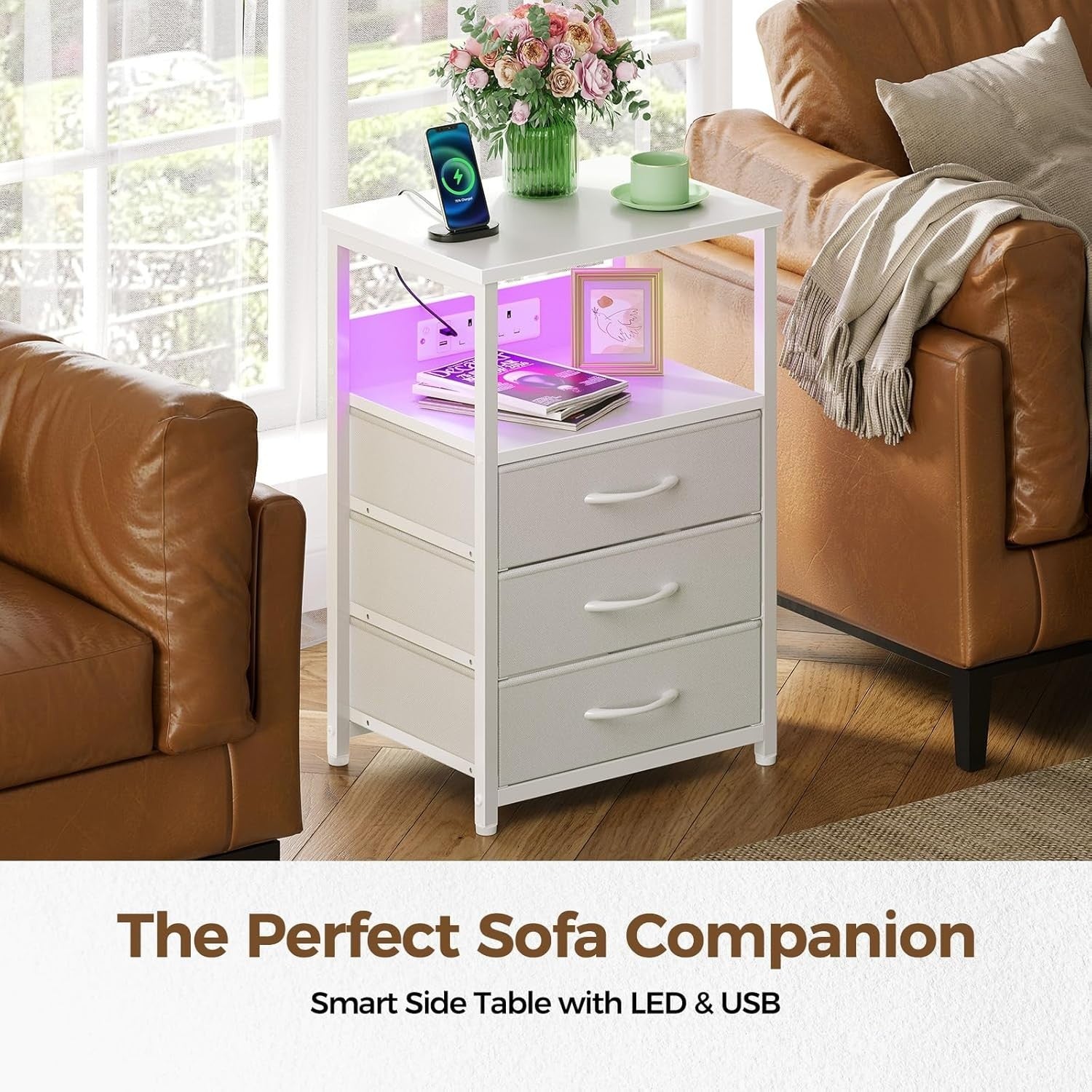 Set of 2 White LED Bedside Tables with USB Charging | 3-Drawer Modern
