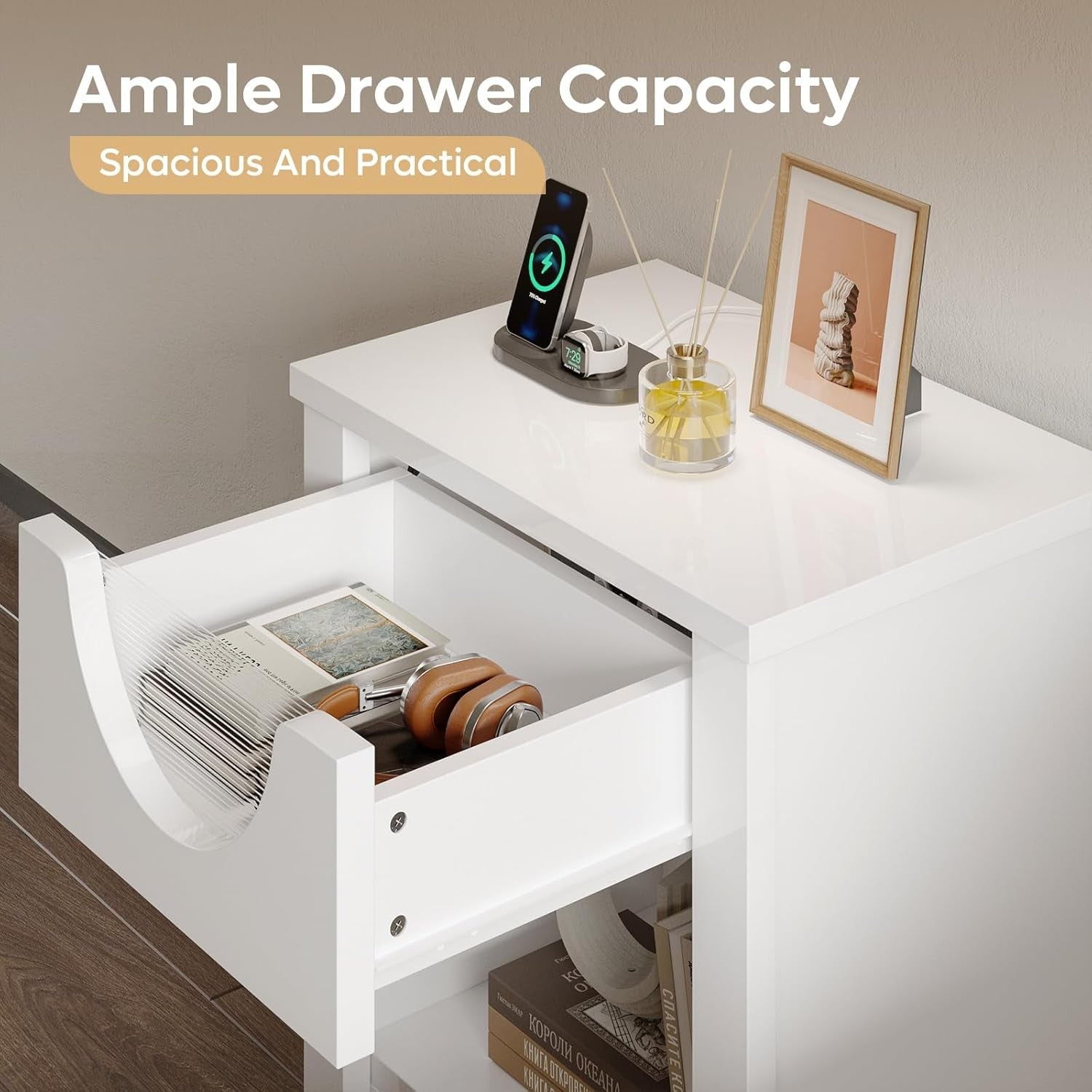 LED Bedside Tables Set of 2 with USB Ports, Drawer Storage & Warm Ambient Light
