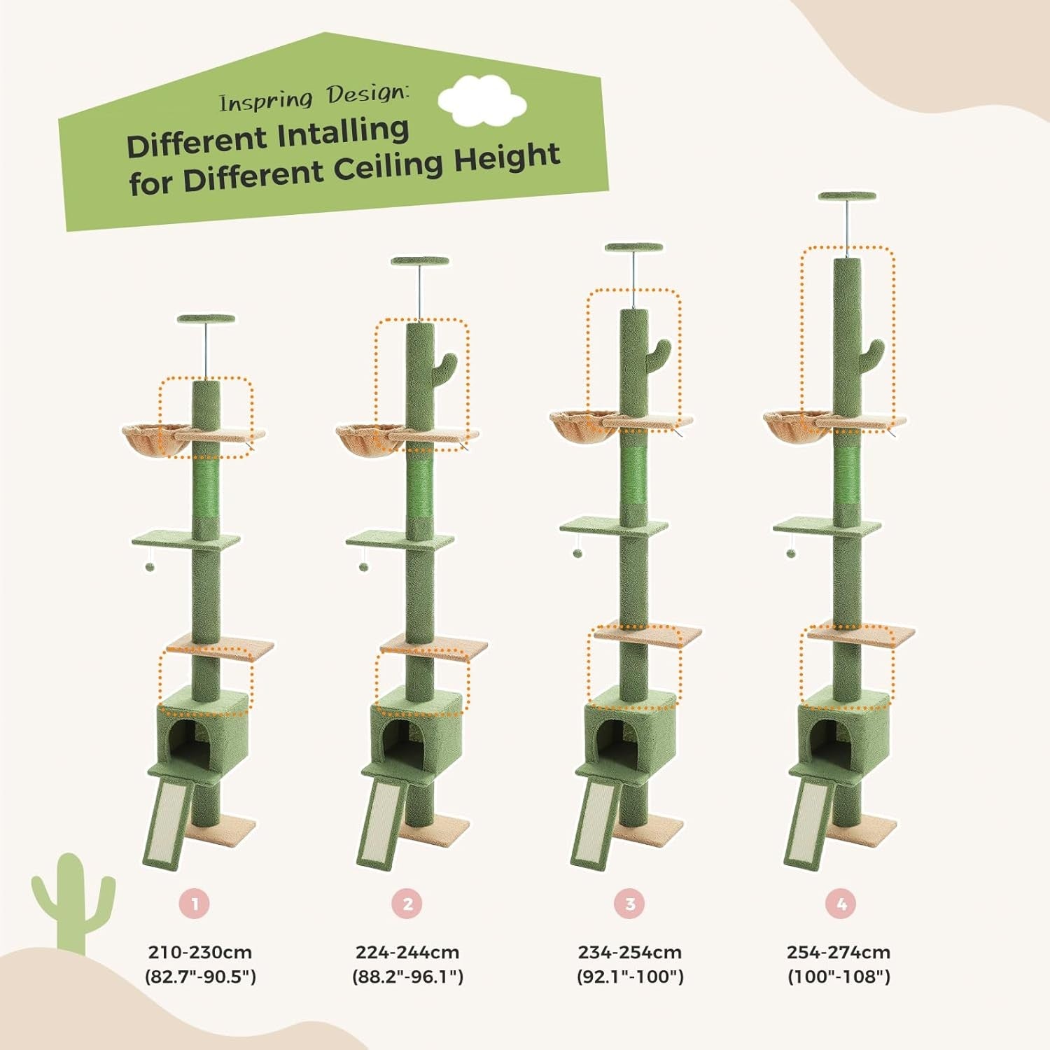 Floor to Ceiling Cat Tree Tower Adjustable 216–273cm Condo Hammock Scratching