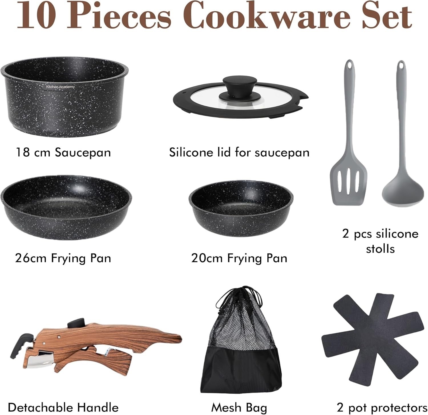 10pcs Black Granite Non Stick Induction Cookware Set with Detachable Handle