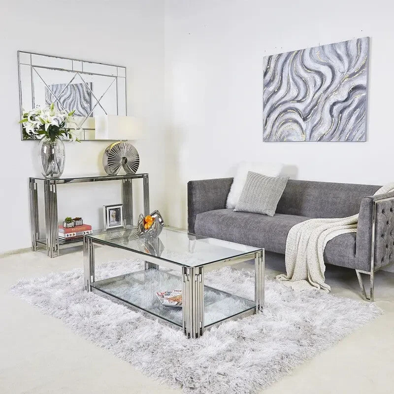 Glass Coffee Table w/ Shelf | Modern Chrome Stainless Steel Living Room