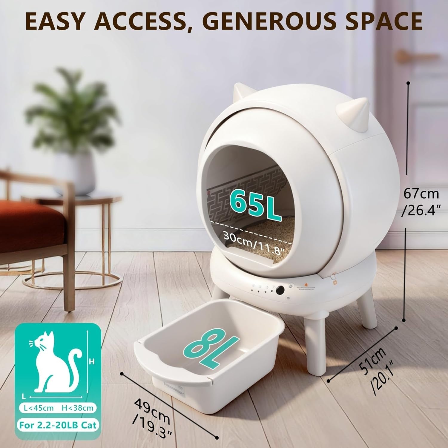 XL Self Cleaning Cat Litter Box App Control Auto Odor Removal 65L