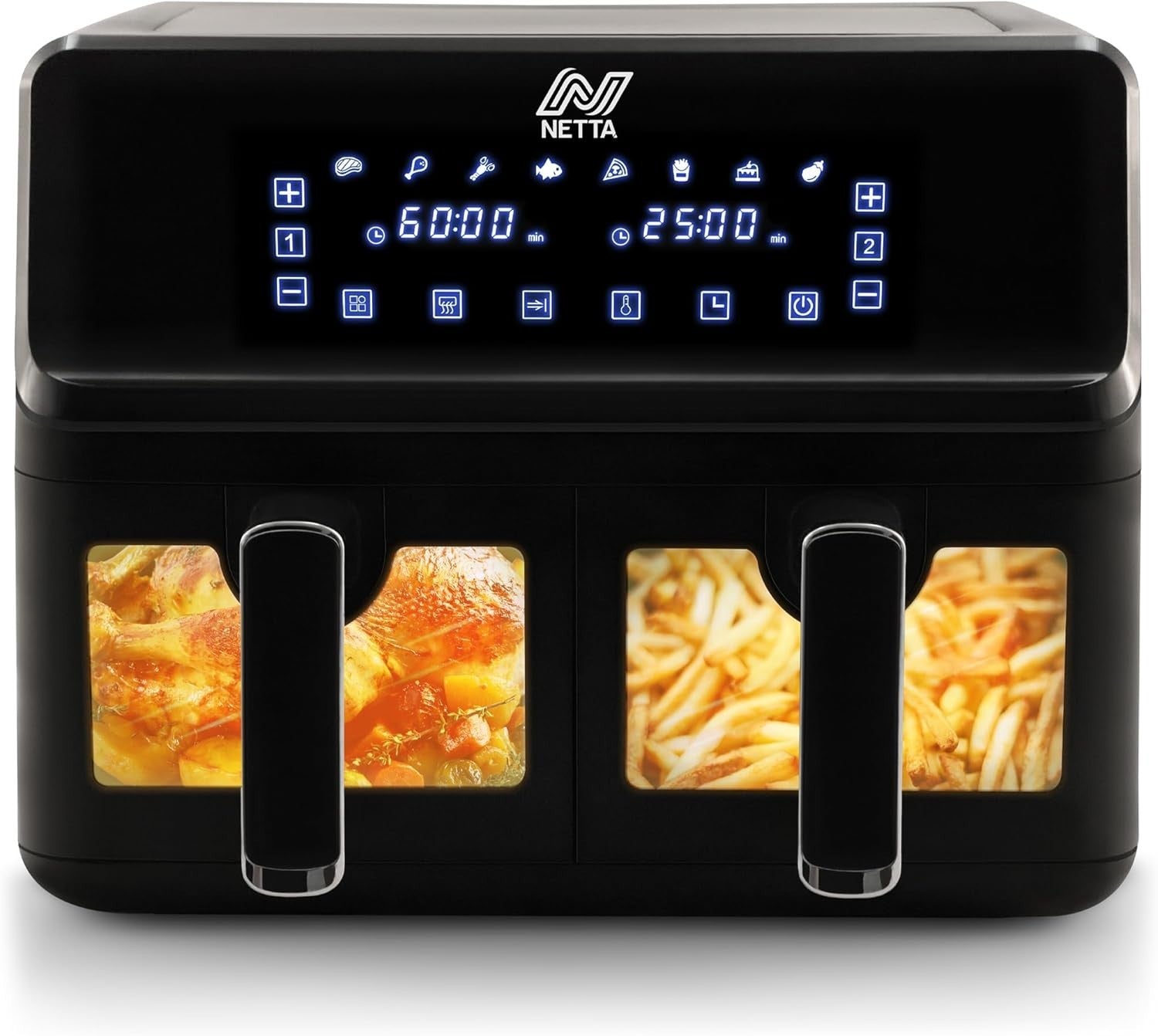 8L Dual Basket Air Fryer 2700W Digital Touch 8 Presets 60min Timer XL Black